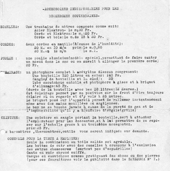 Liste du matériel de spéléologie de l'époque