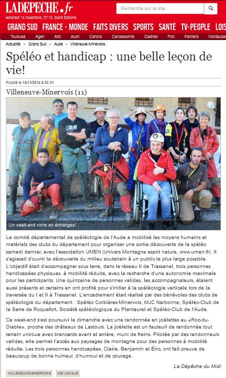 Article de presse 2014 — spéléologie et handicap