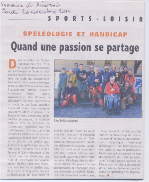 Article de presse 2014 — spéléologie et handicap