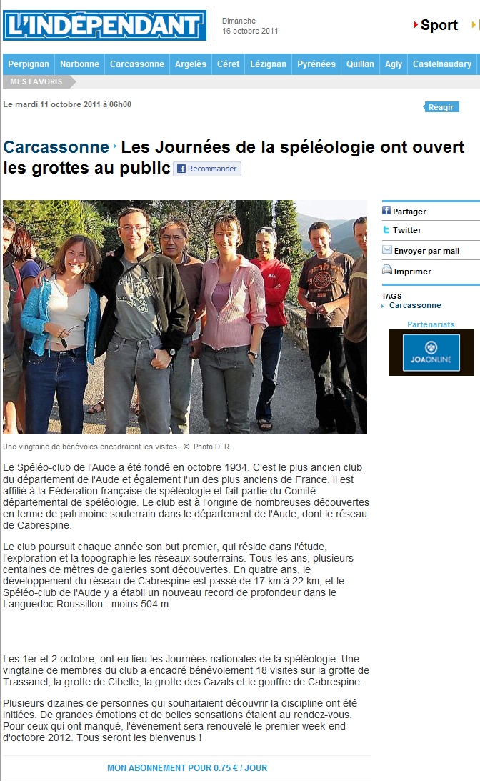 Article L'Indépendant 11 octobre 2011 — JNS