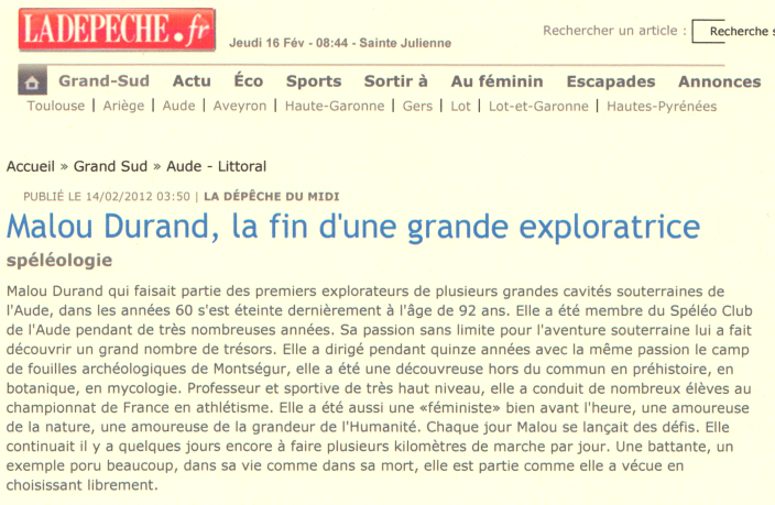 Article de presse hommage à Malou Durand février 2012