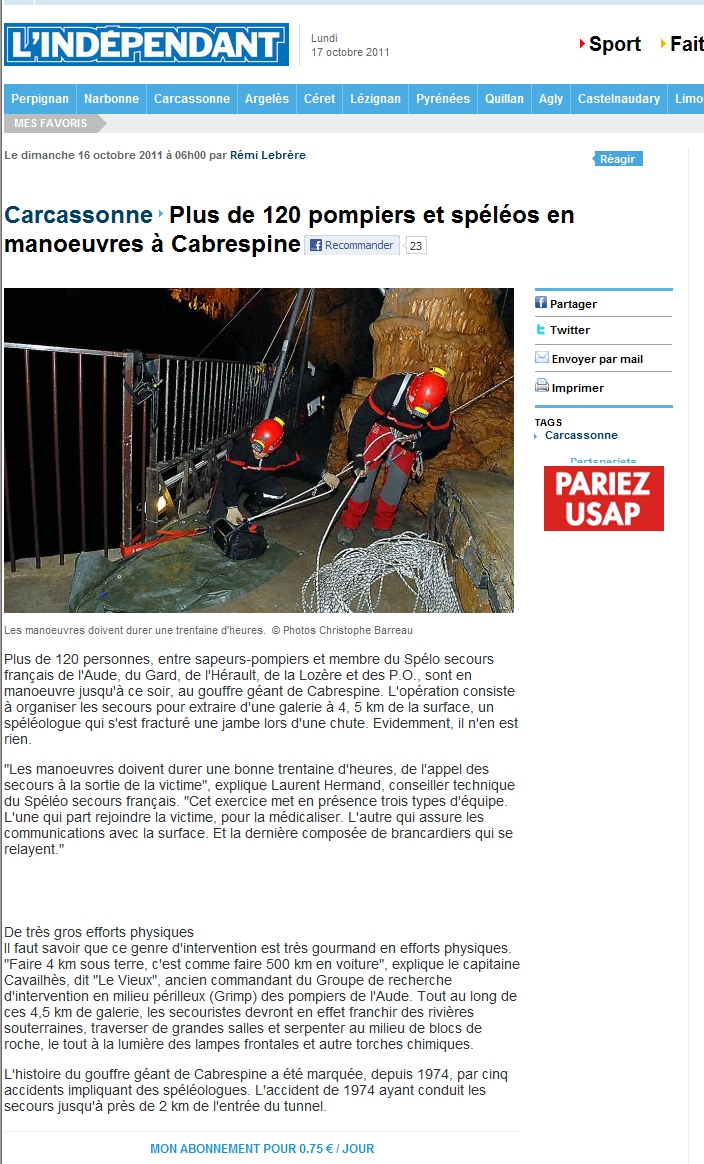 Article L'Indépendant octobre 2011 — barnum régional Cabrespine